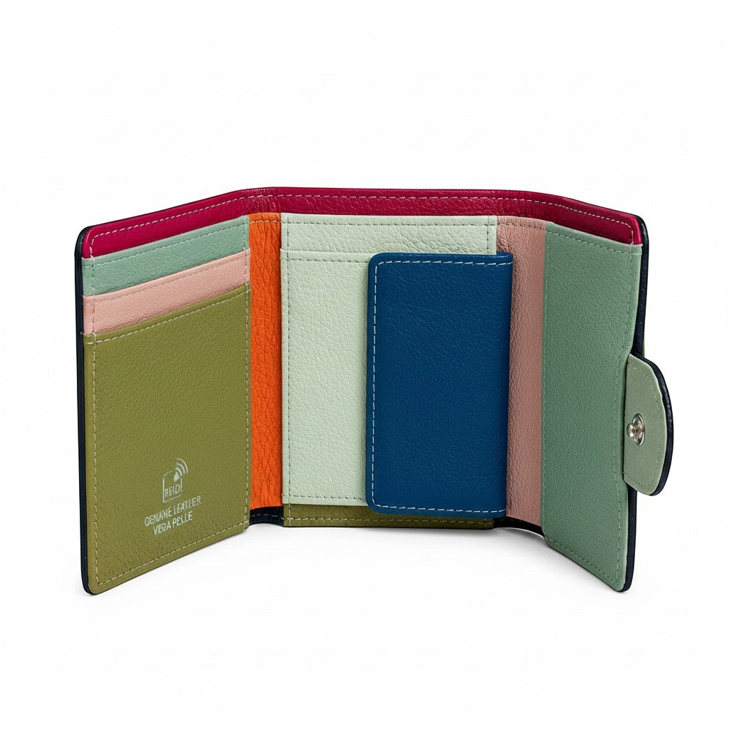 Portafoglio Pito’s|Bag Grosseto in vera pelle multicolore con protezione RFID e scomparti per carte e banconote.