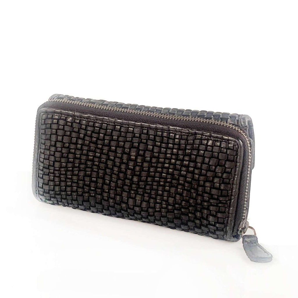 Portafoglio Pito’s|Bag grande in vera pelle di vacchetta nera intrecciata con chiusura a zip esterna e stile vintage