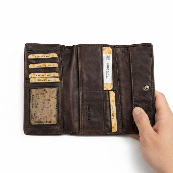 Portafoglio Pito’s|Bag in vera pelle di vacchetta testa di moro intrecciata con numerosi slot per carte di credito