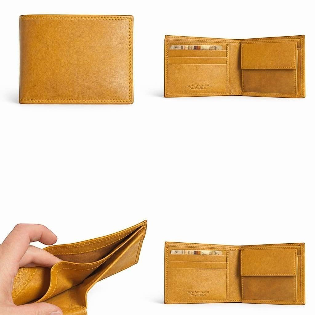 Portafoglio Pito’s|Bag da uomo in pelle nappa color senape con scomparti per tessere, banconote e portamonete.