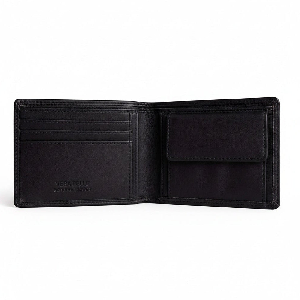 Portafoglio uomo Pito’s|Bag Mimi Slip in pelle nappa nera, aperto con scomparti per tessere, banconote e portamonete.