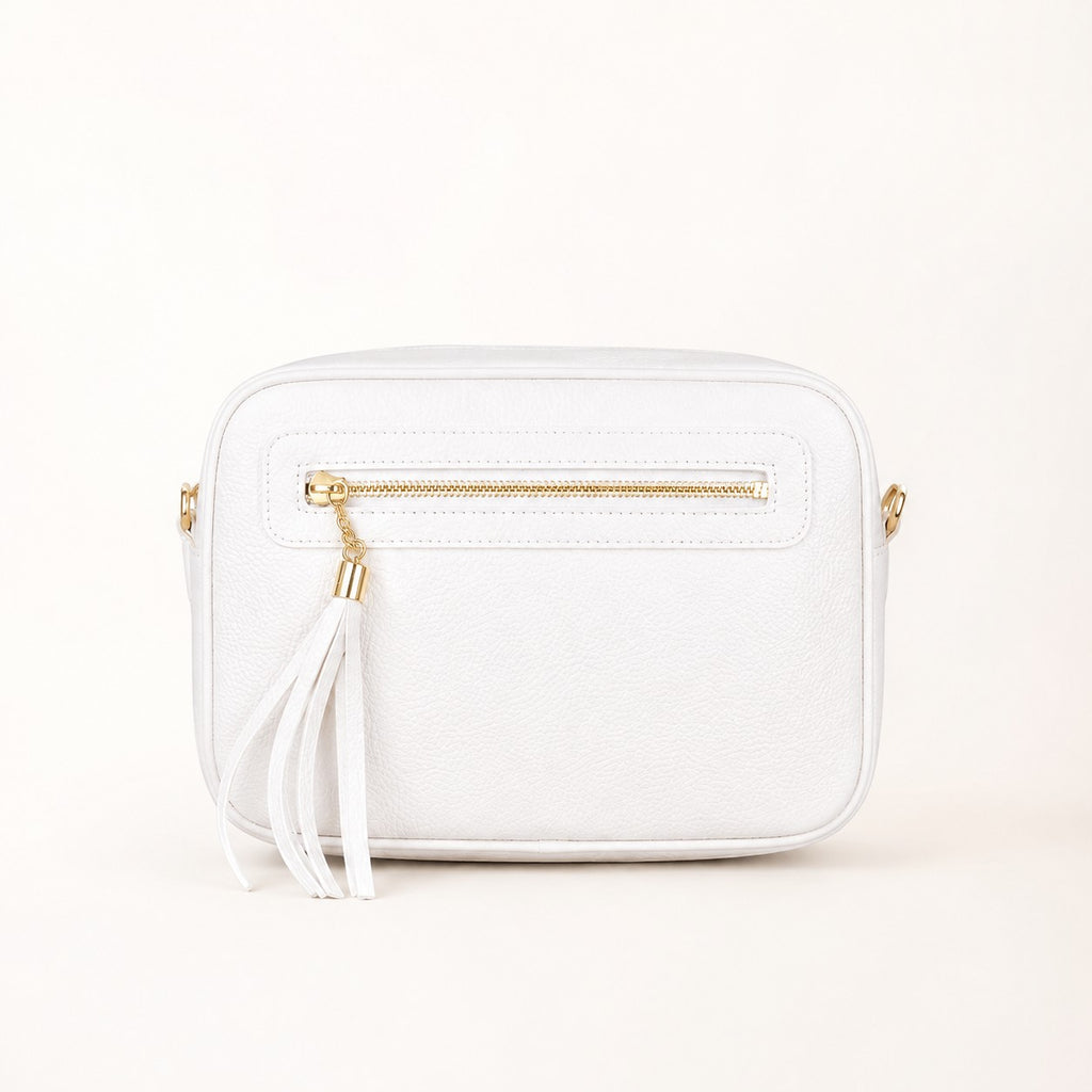 Tracollina Pito’s|Bag in vera pelle bianca con zip dorata e nappina decorativa, design compatto ed elegante.