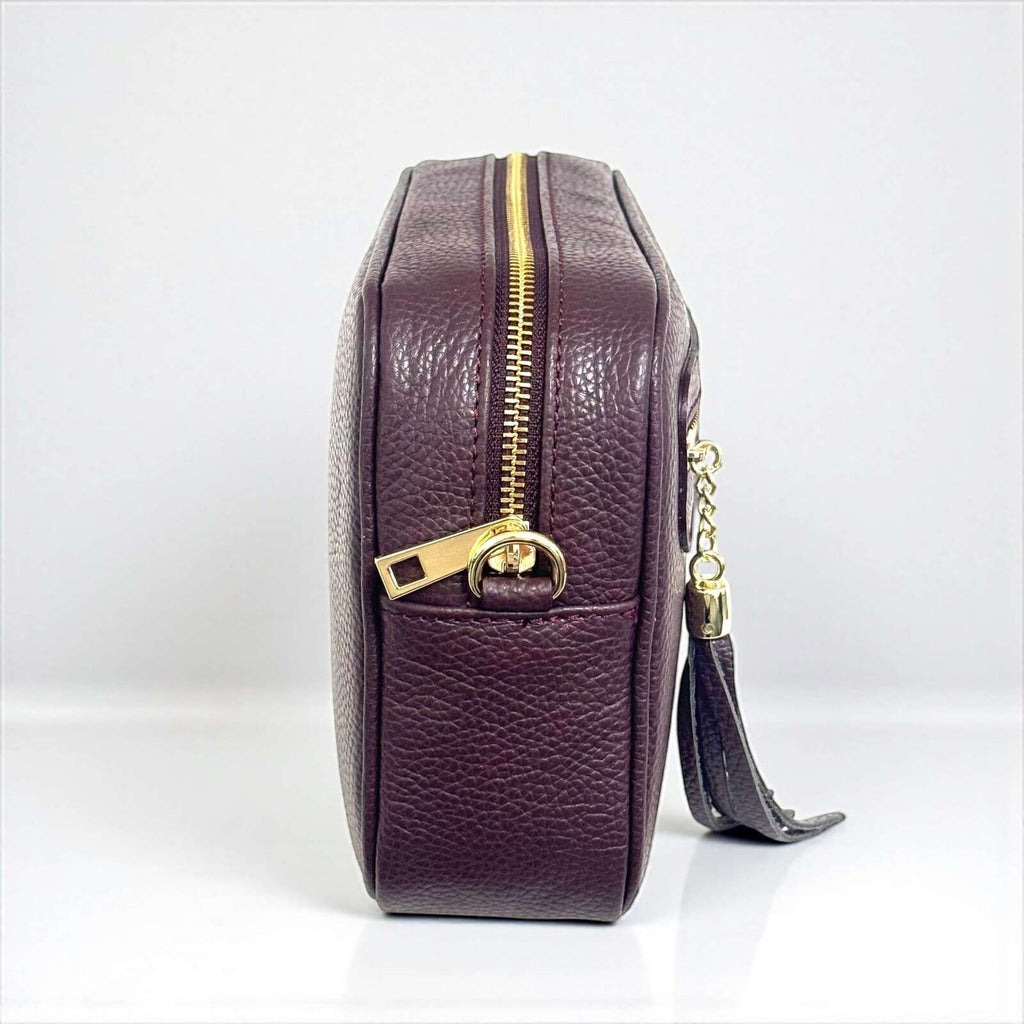 Tracollina Pito’s|Bag in vera pelle color prugna con zip dorata e nappina decorativa, vista laterale.