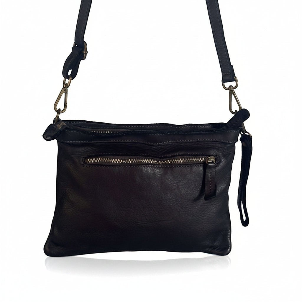Tracollina Minimal Pito’s|Bag in pelle di vitello testa di moro con tracolla regolabile e tasca zip posteriore