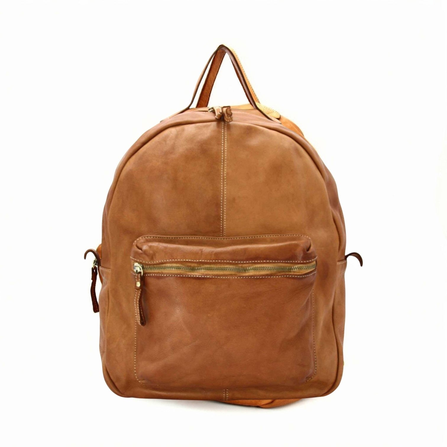 Zaino Pito’s|Bag grande in vera pelle di vitello color cuoio con tasca frontale e dettagli in ottone, fatto in Italia