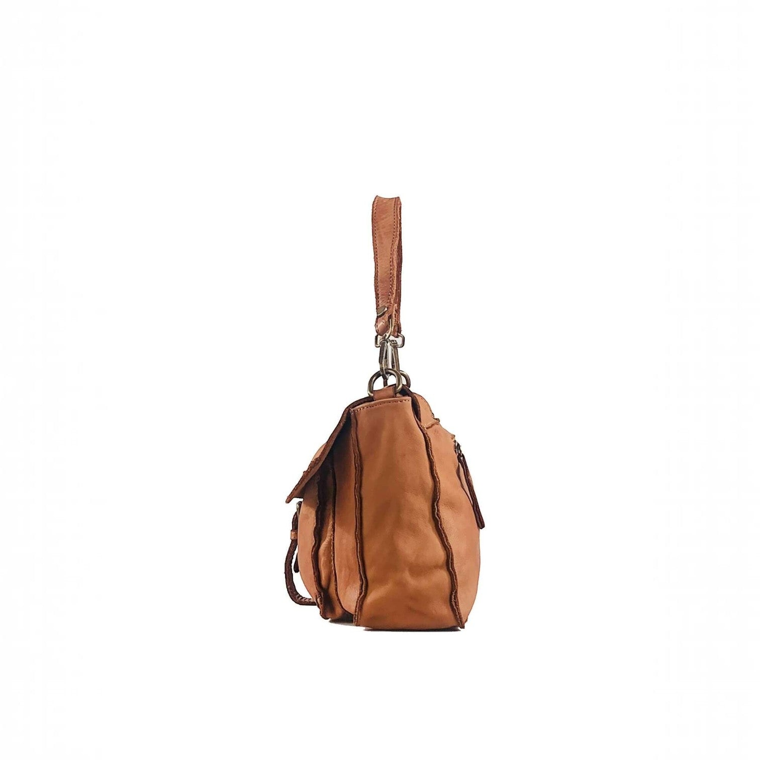 Borsa cartella Pito’s|Bag Ale in vera pelle color cuoio, vista laterale con manico e dettagli in metallo ottonato.