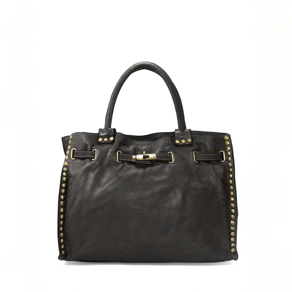 Borsa Pito’s|Bag Strong in pelle di vitello lavato marrone scuro con borchie decorative e chiusura in ottone