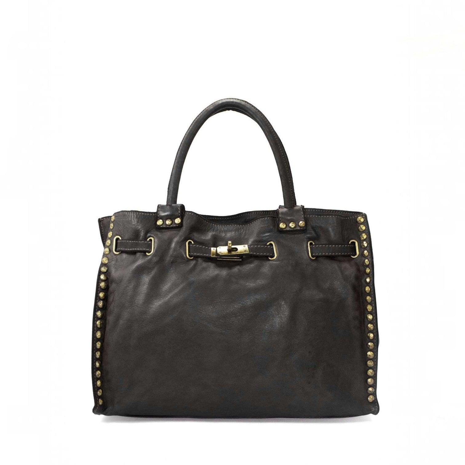 Borsa Pito’s|Bag Strong in pelle di vitello lavato marrone scuro con borchie decorative e chiusura in ottone