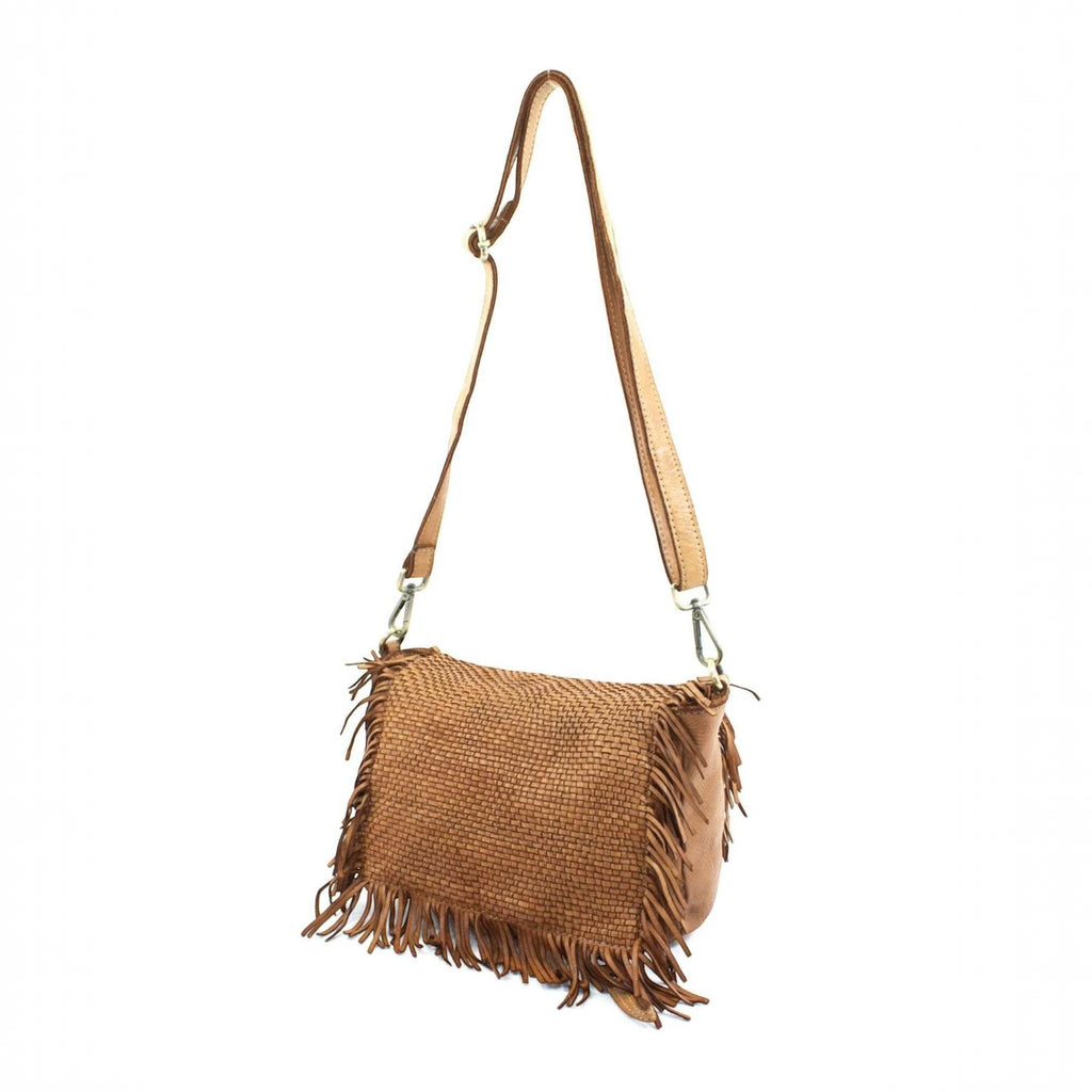 Borsa a tracolla Pito’s|Bag Fru Fru in pelle color cuoio con lavorazione intrecciata e frange decorative