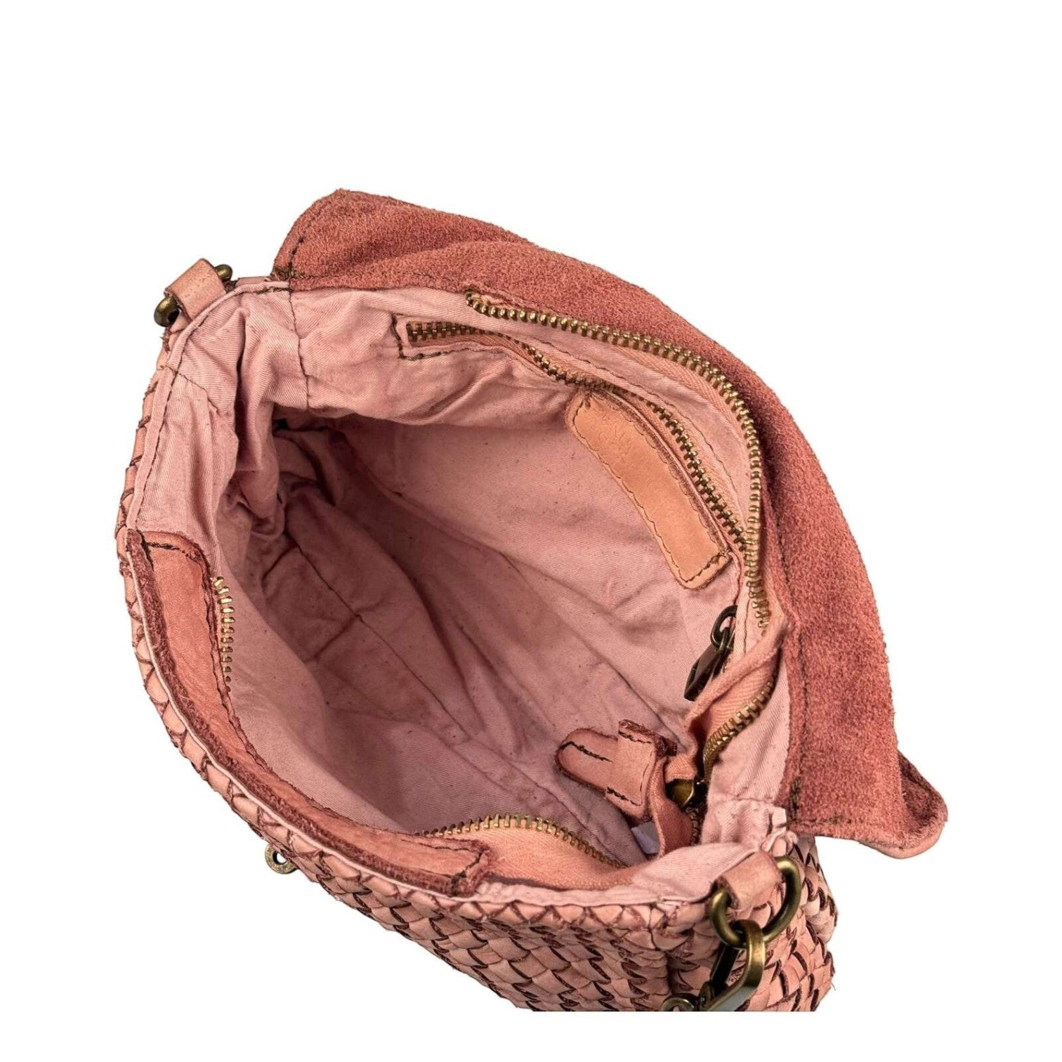 Interno della borsetta Pito’s|Bag Saray in pelle rosa nude intrecciata a mano con fodera in cotone e chiusura zip