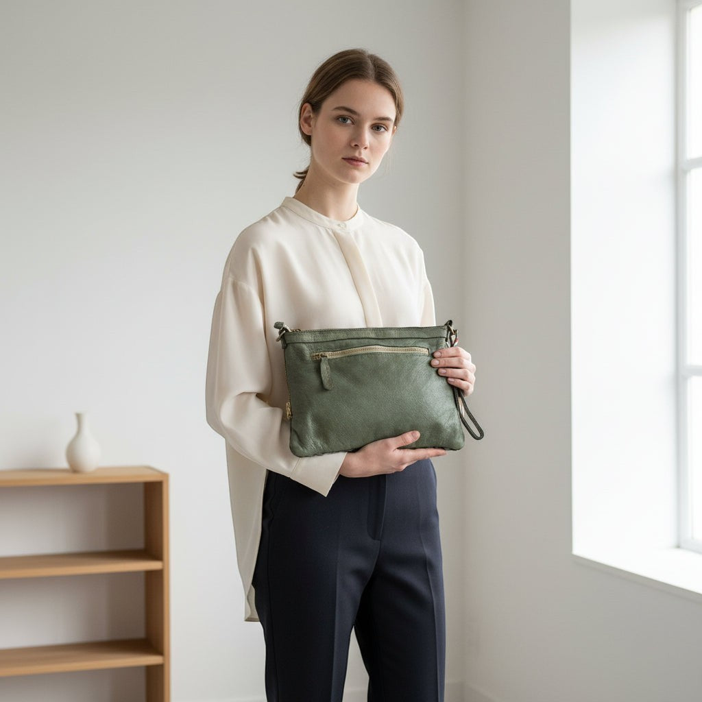 Modella che indossa la pochette Pito’s|Bag Giovy in pelle verde scuro con intreccio frontale e laccio da polso
