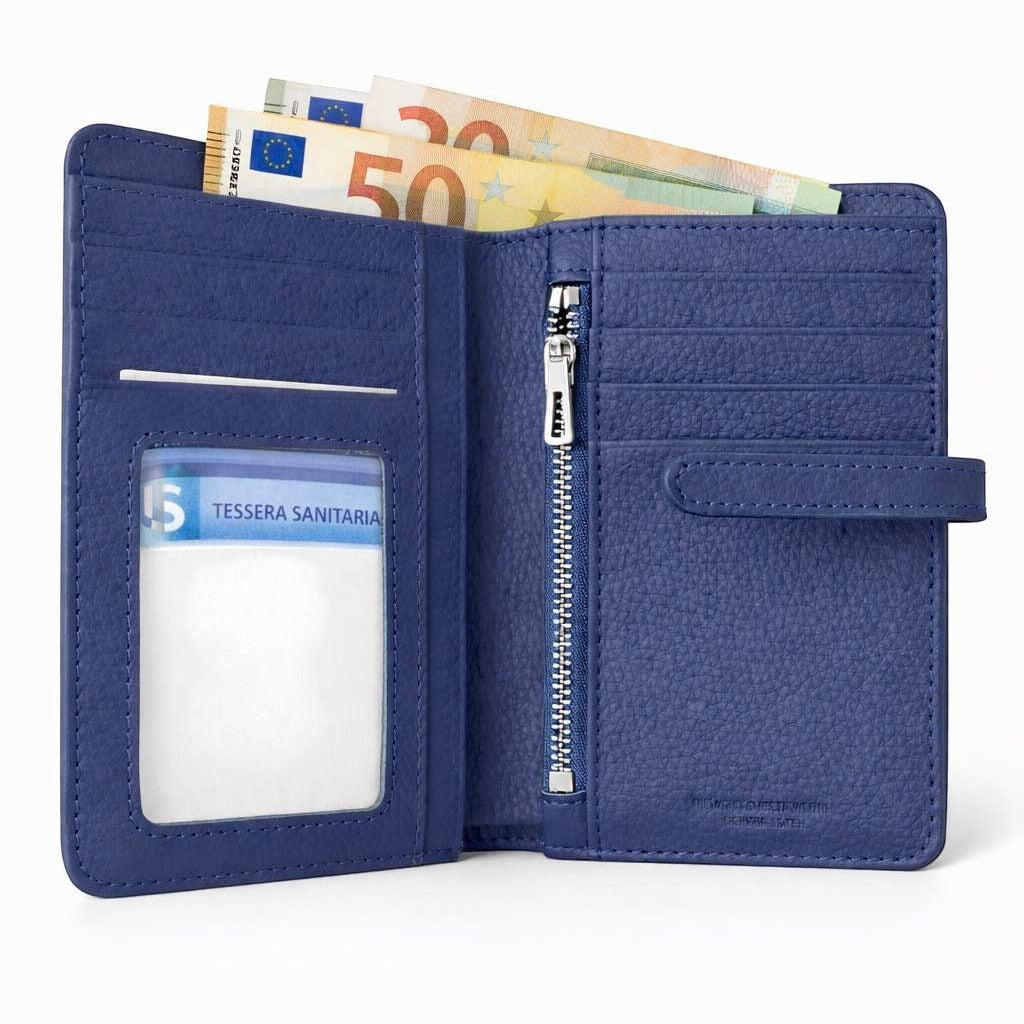 Portafoglio donna Pito’s|Bag minimal in vera pelle blu con scomparti per carte, banconote e tasca con zip