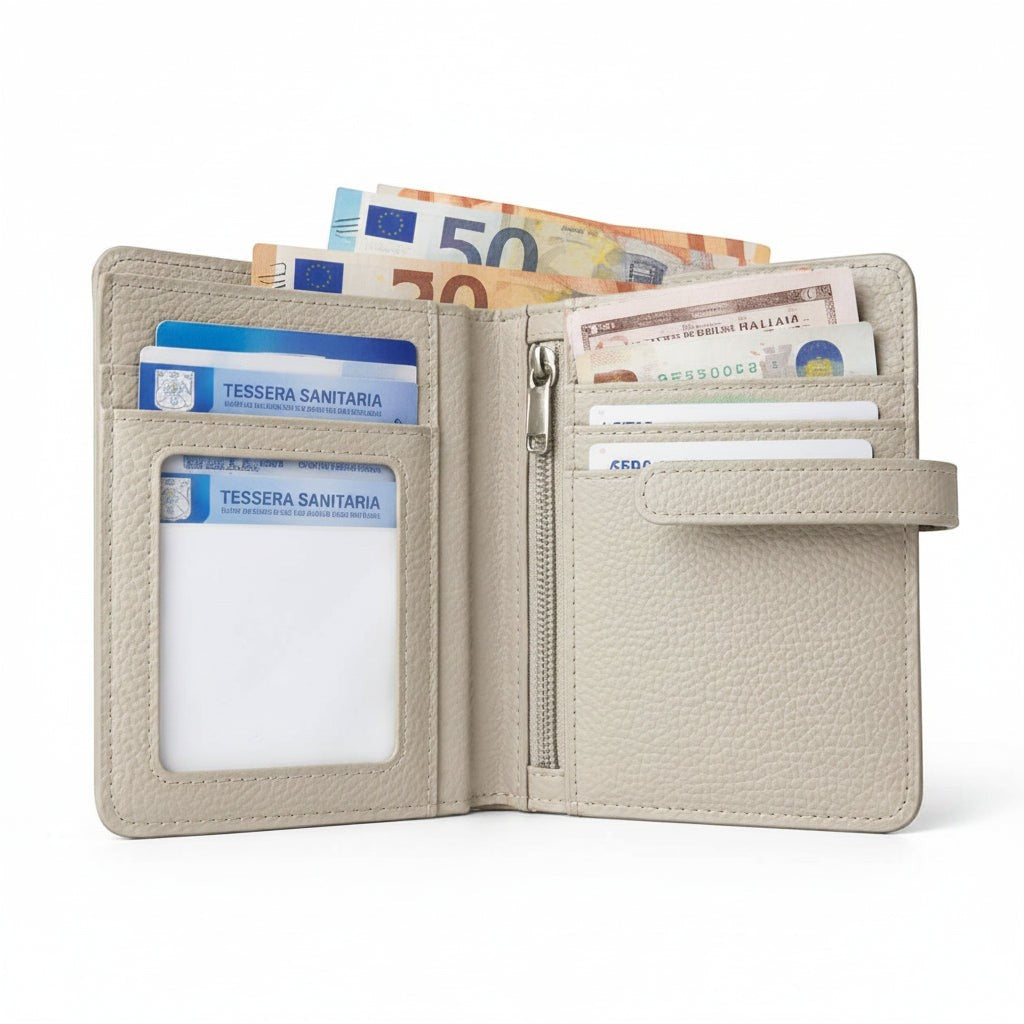 Portafoglio donna minimal Pito’s|Bag in vera pelle beige con scomparti per carte, banconote e zip portamonete