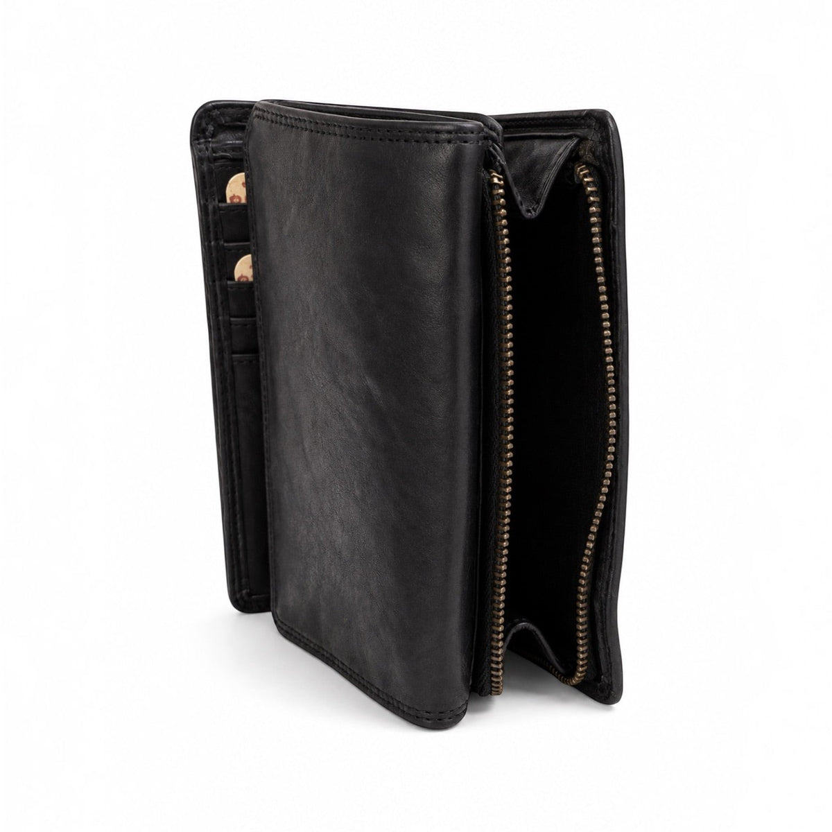 Portafoglio donna medio Pito’s Bag in vera pelle di vitello nera effetto vintage con zip e scomparti interni