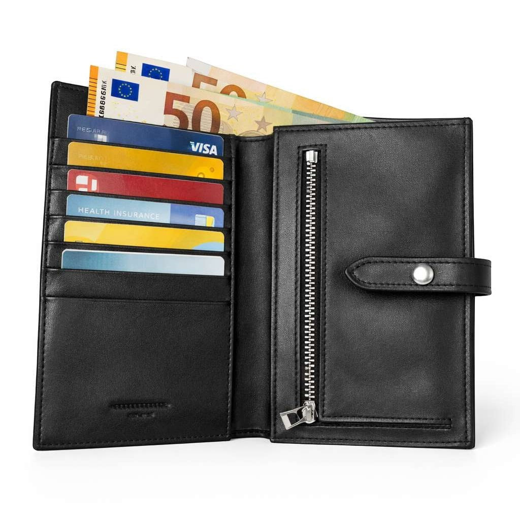 Portafoglio donna Pito’s|Bag in vera pelle nera con scomparti per carte, banconote e tasca con zip per monete.
