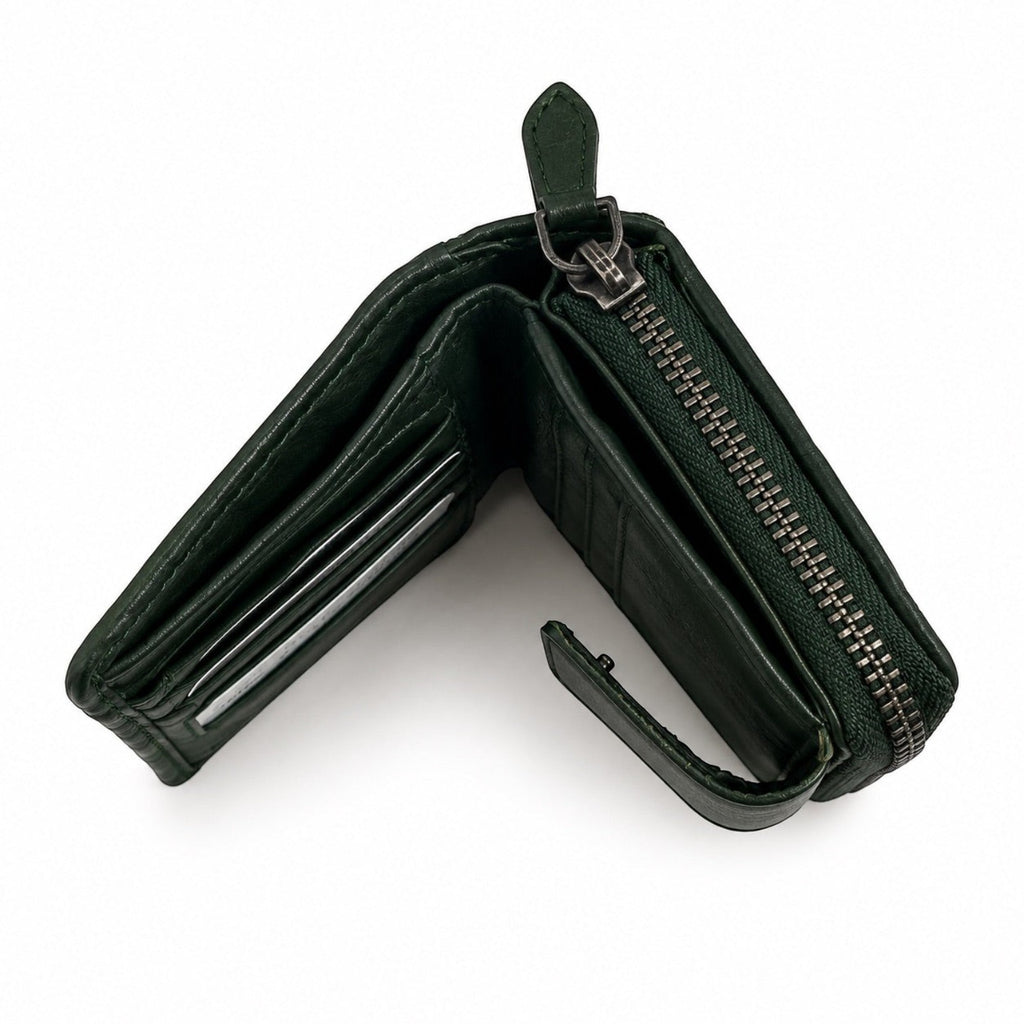 Portafoglio donna Pito’s|Bag Miss in pelle di vitello verde scuro intrecciata con zip portamonete e scomparti interni