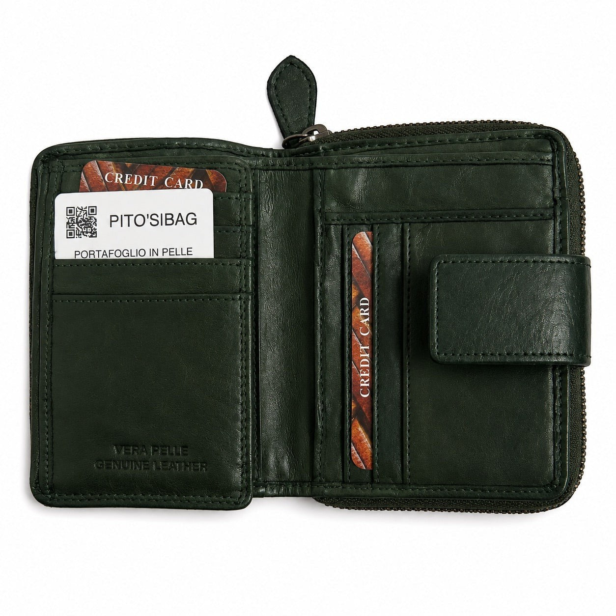 Portafoglio donna Pito’s|Bag Miss in pelle verde scuro con scomparti interni per carte e monete