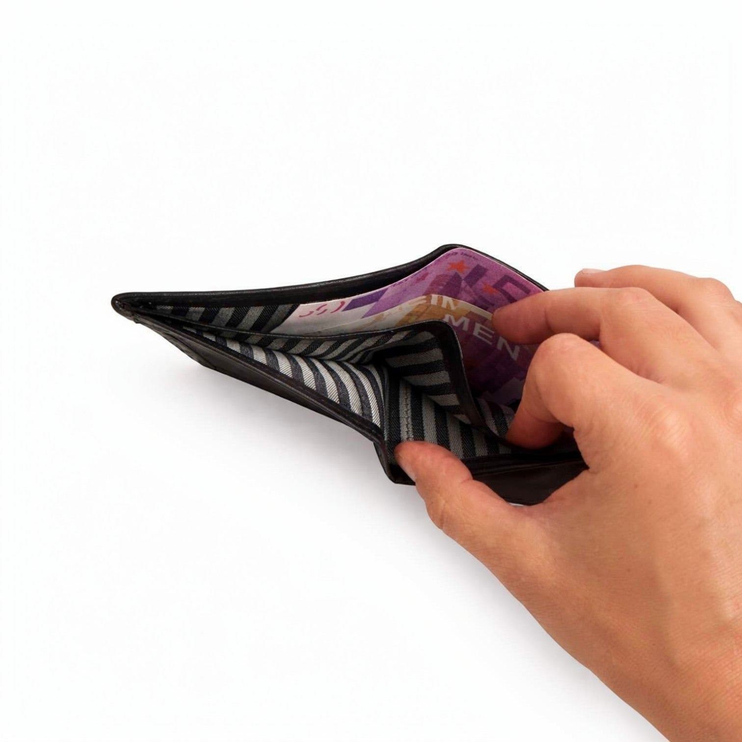 Portafoglio uomo Pito’s|Bag Mimi Slip in pelle nappa nera con interno a righe e scomparti per banconote