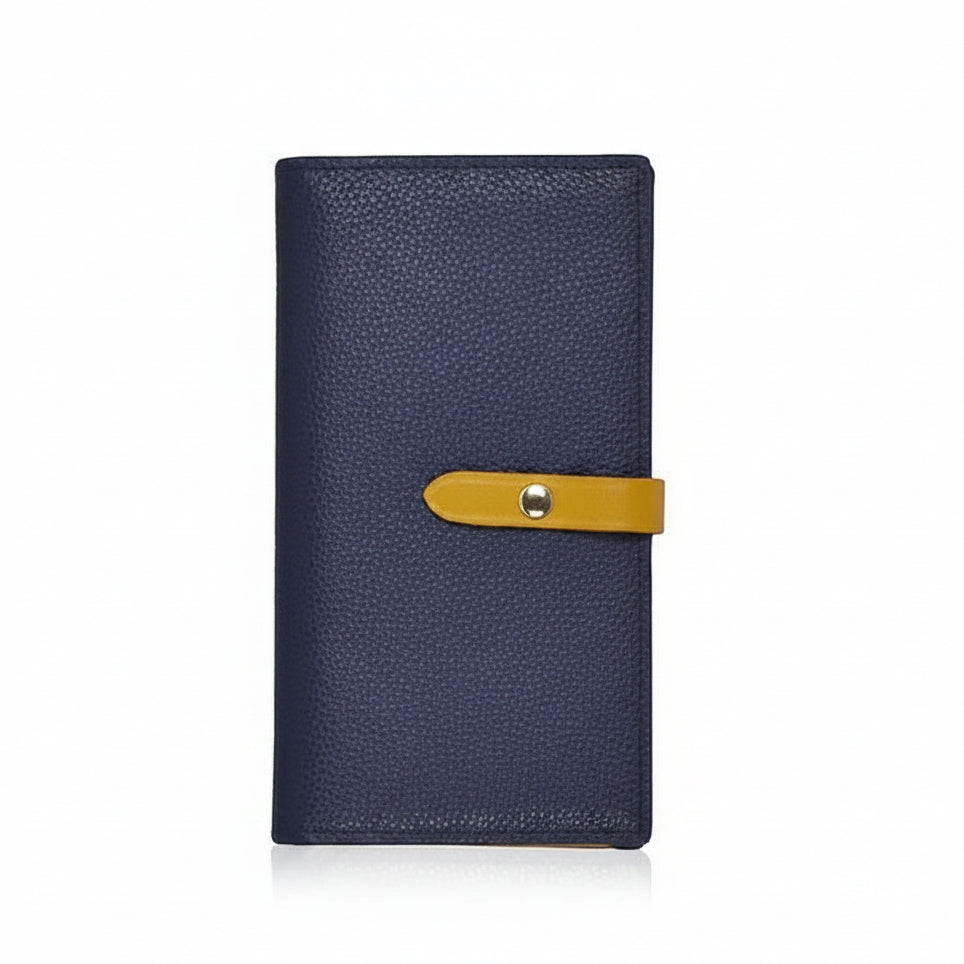 Portafoglio donna Pito’s|Bag in vera pelle blu e gialla con chiusura a bottone, design bicolore Made in Italy.