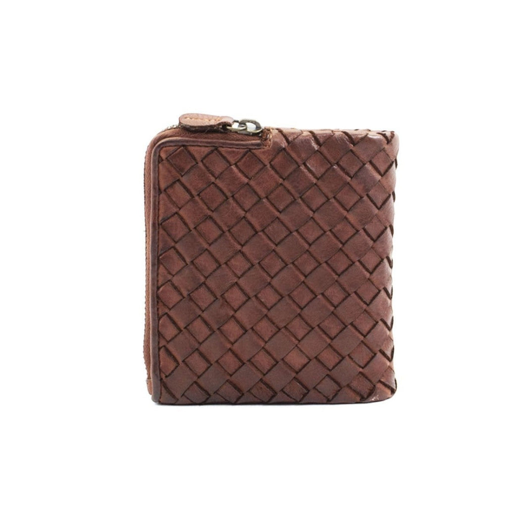 Portafoglio Pito’s|Bag da uomo in pelle di vitello marrone intrecciata con finiture in ottone e chiusura a zip
