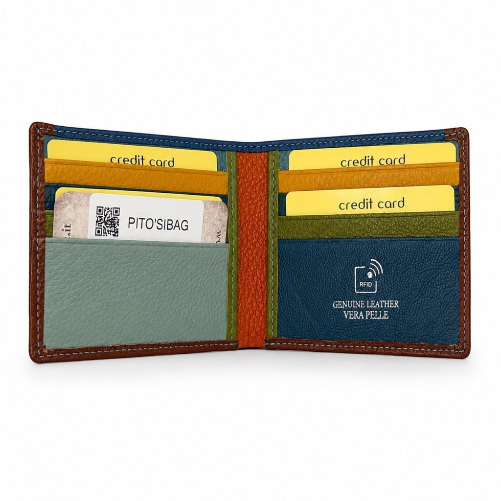 Portafoglio Pito’s|Bag slim in pelle martellata con interno multicolore, 8 slot per carte e protezione RFID