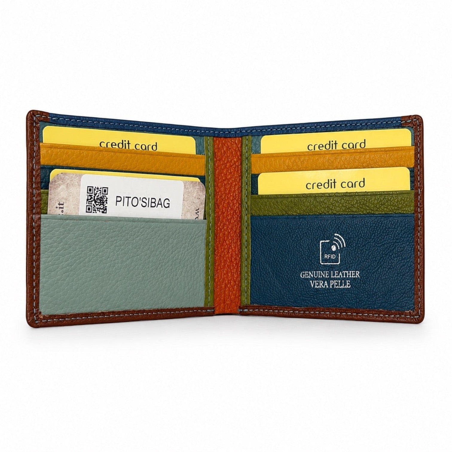 Portafoglio Pito’s|Bag slim in pelle martellata con interno multicolore, 8 slot per carte e protezione RFID
