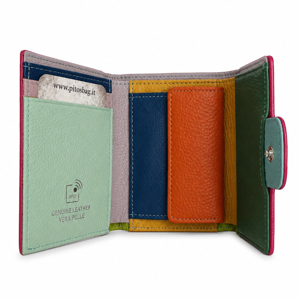 Portafoglio Pito’s|Bag Grosseto in vera pelle multicolore con protezione RFID, interno organizzato con slot tessere