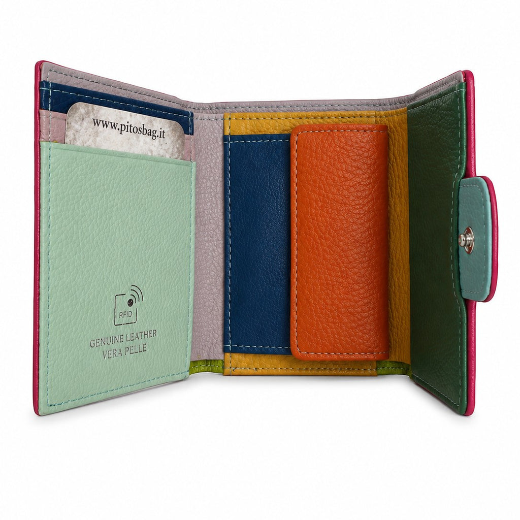 Portafoglio donna Pito’s|Bag in vera pelle multicolore con protezione RFID, tre slot per tessere e vano portamonete.