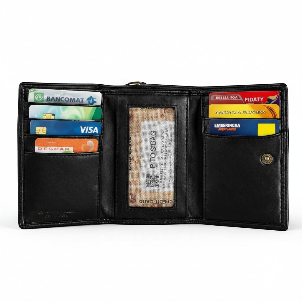 Portafoglio Pito’s|Bag in vera pelle nera con apertura a tre ante, scomparti per carte e documenti.
