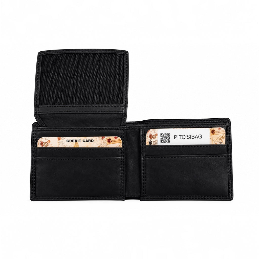 Portafoglio Pito’s|Bag da uomo in pelle nera vintage con scomparti per carte e documenti, vista interna aperta.