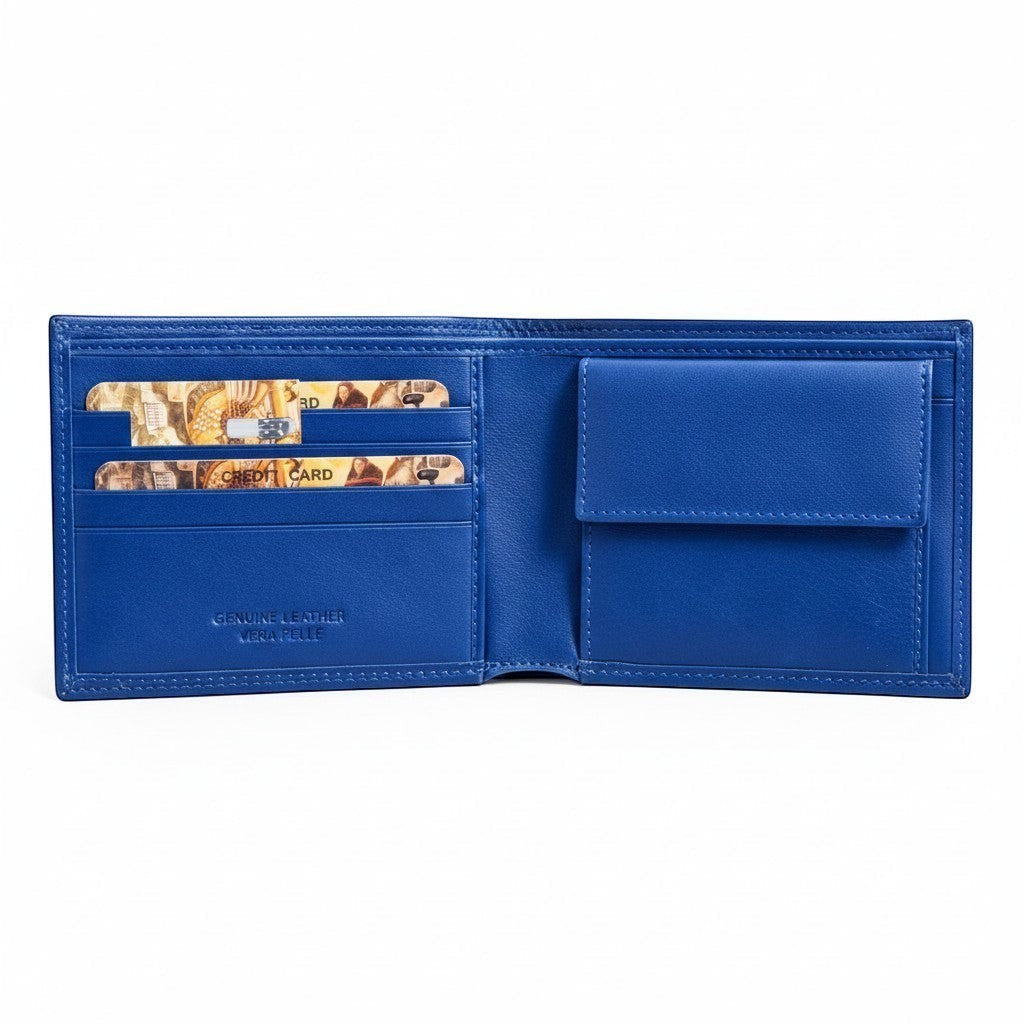 Portafoglio uomo Pito’s|Bag in pelle nappa blu elettrico aperto con slot per carte e portamonete interno