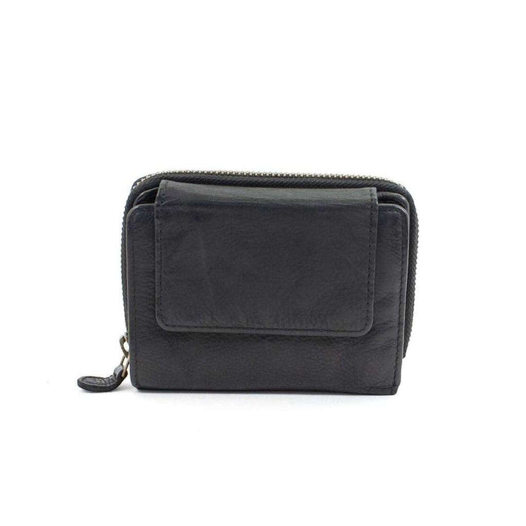 Portafoglio unisex Pito’s|Bag vintage in vera pelle di vitello lavata nera con chiusura a bottone e dettagli in ottone