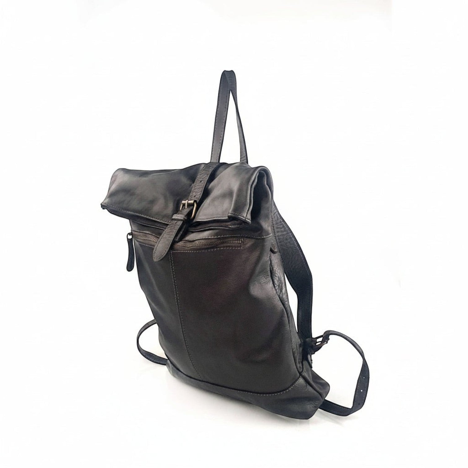 Zaino unisex Pito’s|Bag in vera pelle nera tinta in capo con chiusura a zip, fibbia a clip e tasche esterne