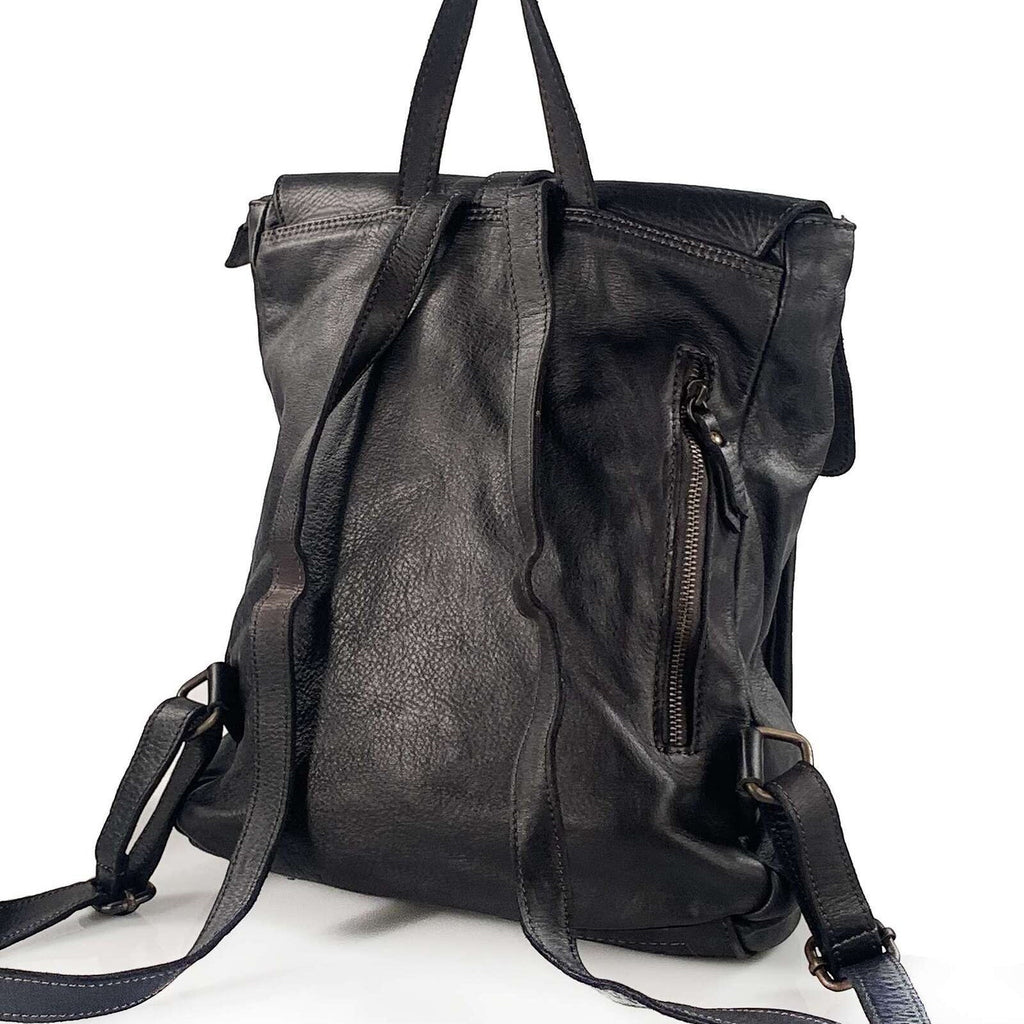 Zaino unisex Pito’s|Bag in vera pelle nera artigianale con tasca posteriore con zip e spallacci regolabili